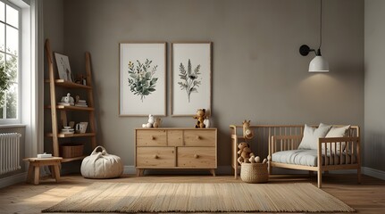Mock up frame in children room with natural wooden furniture, Farmhouse style interior background, 3D render. generative.ai