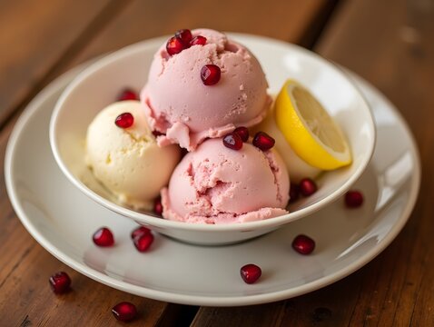 Scoops of Ice Cream with Pomegranate and Lemon on Wood