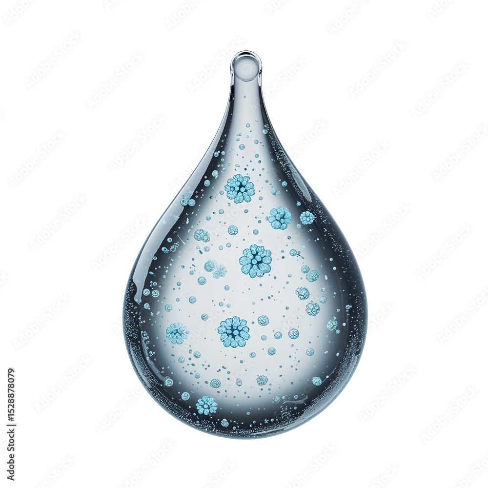 Poster microscopic life inside a water droplet, transparent png with floating red bacteria and intricate vi
