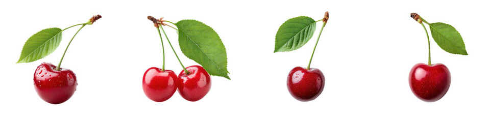 Fresh ripe red cherries with green leaves