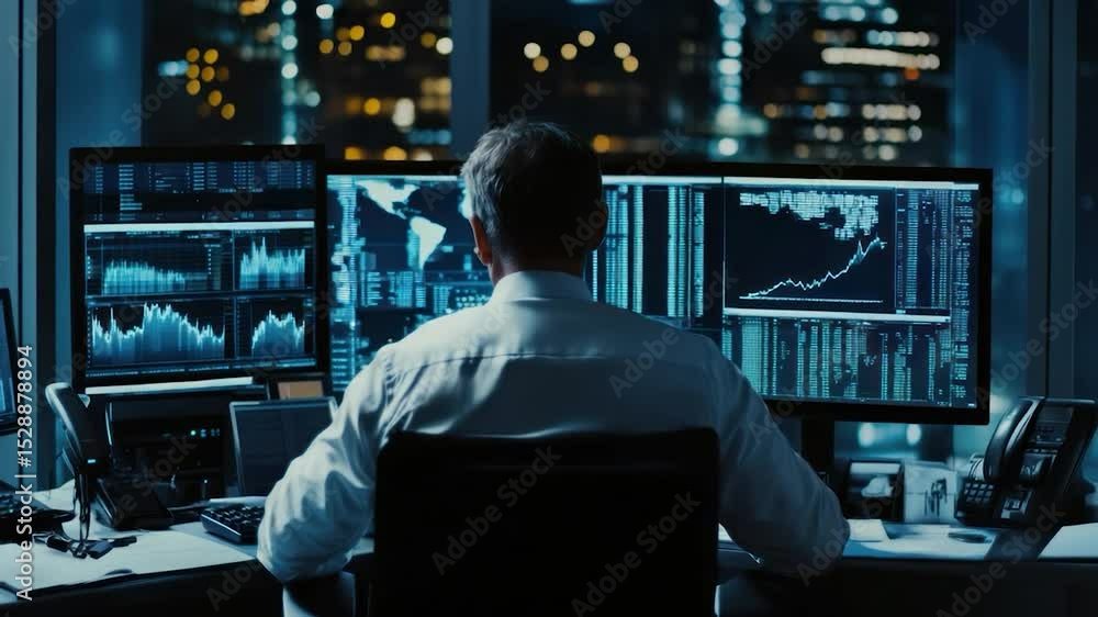 Poster Person working at a desk with multiple computer screens displaying financial data at night.