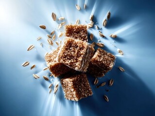 Brown sugar cubes surrounded by scattered seeds against a light blue background with radiating light