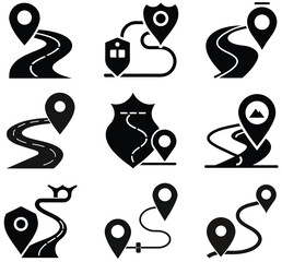Set of Black and White Road Trip Icons