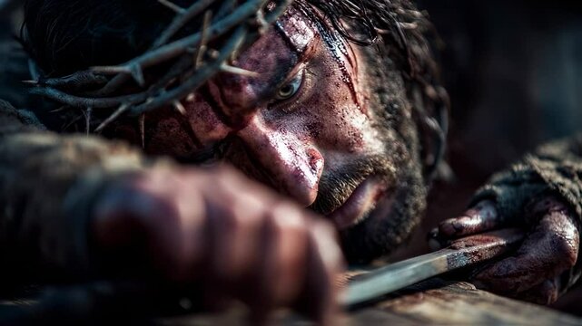 Concept photo of Jesus being nailed to the cross This powerful image captures the moment when Jesus is nailed to the cross. His face is twisted in agony, and His hands and feet are