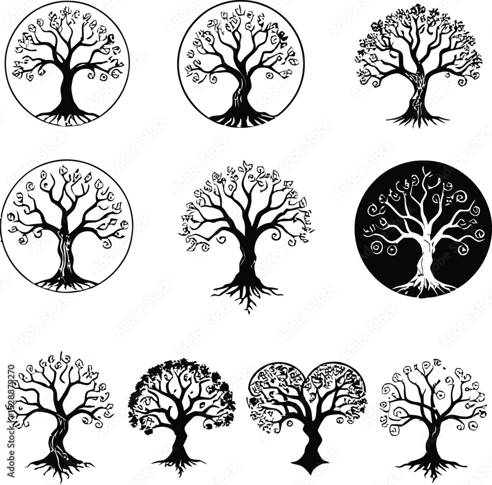 Poster black and white tree of life vector icons set in various styles and shapes.