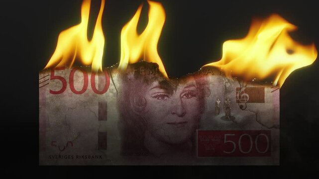 Swedish Krona Bill Burning: Inflation, Economic Crisis Black Background 4K 60fps