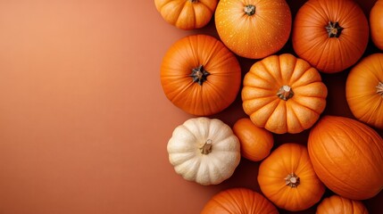 An array of pumpkins in various shapes, sizes, and shades of orange, accompanied by a single white pumpkin, providing a rich visual for autumn and seasonal themes.