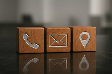 Contact Us Phone, Email, and Location Icons on Wooden Blocks