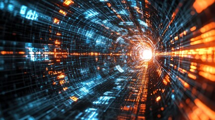 A futuristic, digital tunnel with glowing blue and orange lights, moving forward towards a bright, glowing light at the end.