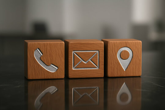Contact Us - Phone, Email, and Location Icons on Wooden Blocks