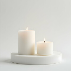 Burning Candles on White Platform for Home Decor and Ambiance