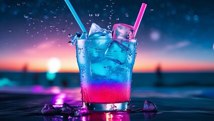 Blue tropical cocktail with neon lights and glowing ice.