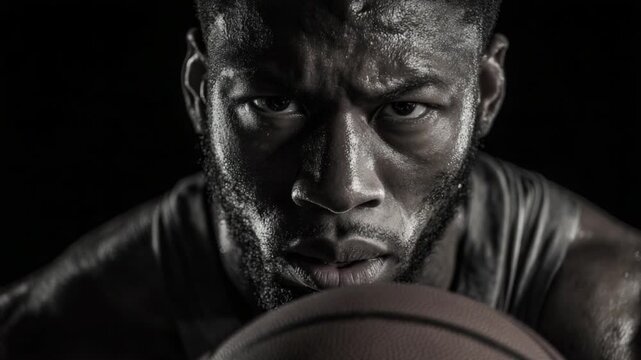 Intensity in the Game: A close-up, high-contrast shot of a determined athlete gripping a basketball, sweat glistening on his face as he stares intensely towards the viewer.