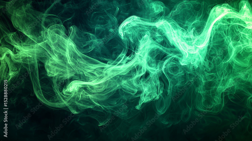 Poster vivid green vapor swirls on solid background, creating an ethereal and captivating visual of fluid a