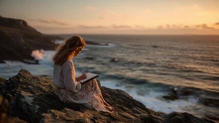 A Writer's Retreat: A woman with a notepad sits at the edge of cliff, seemingly immersed in her writing, with the sea in the background reflecting the warm glow of the setting sun.