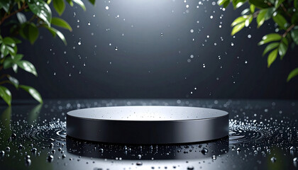 Exhibition stage concept with a black circular pedestal for displaying products with water drop on a black background. Concept of a copy space for product promotional exhibitions.