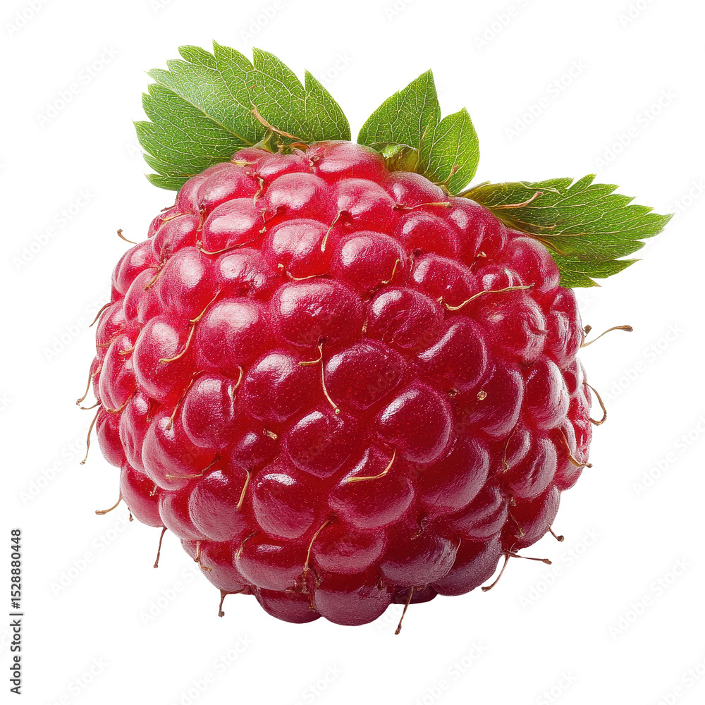 Poster fresh raspberry with vibrant color and green leaves isolated on a clean transparent background, rasp