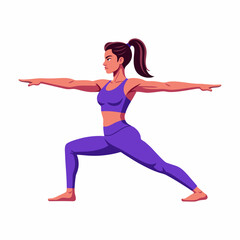Strong Female Yogi in Virabhadrasana II Pose Detailed Vector Art for June 21st Yoga Day Celebrations and Wellness Themes.