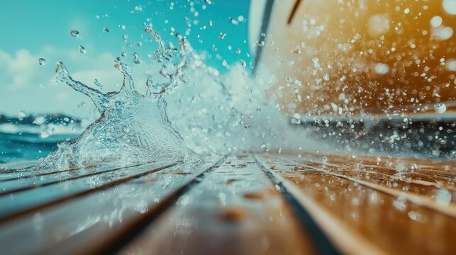 An exhilarating moment captured as water splashes dramatically from a wooden deck, symbolizing joy and excitement, perfect for summer escapades by the shore.