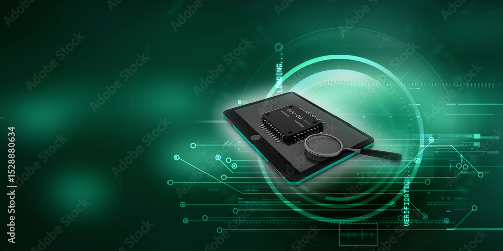 Poster 3d rendering microchips with mobile phone