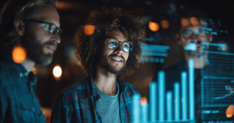 Diverse Team of Programmers Working Late on Computers