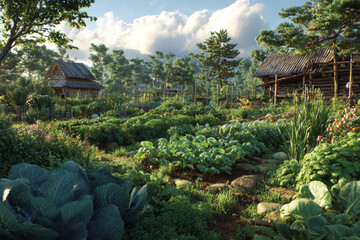 Lush organic vegetable farm with traditional wooden houses and vibrant green crops. Serene countryside scene ideal for themes of sustainability, rural lifestyle, and natural living.