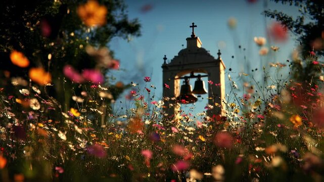 A dreamy shot of church bells ringing in a field of wildflowers, harmonizing with the beauty of nature and embracing all who hear it in a spiritual embrace.