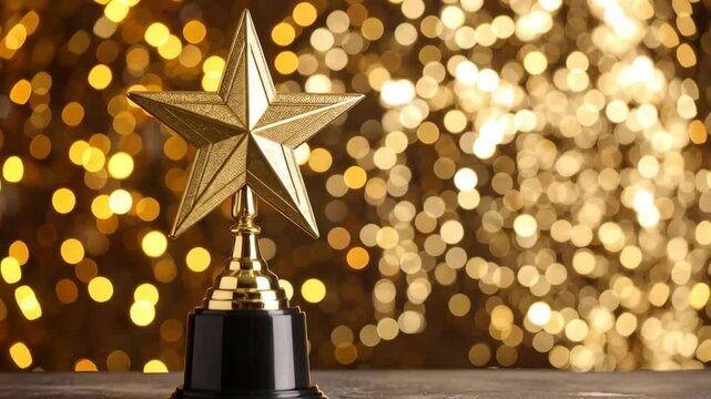 Elegant gold star trophy on a black base against a bokeh background of golden lights reflecting a theme of recognition and achievement.