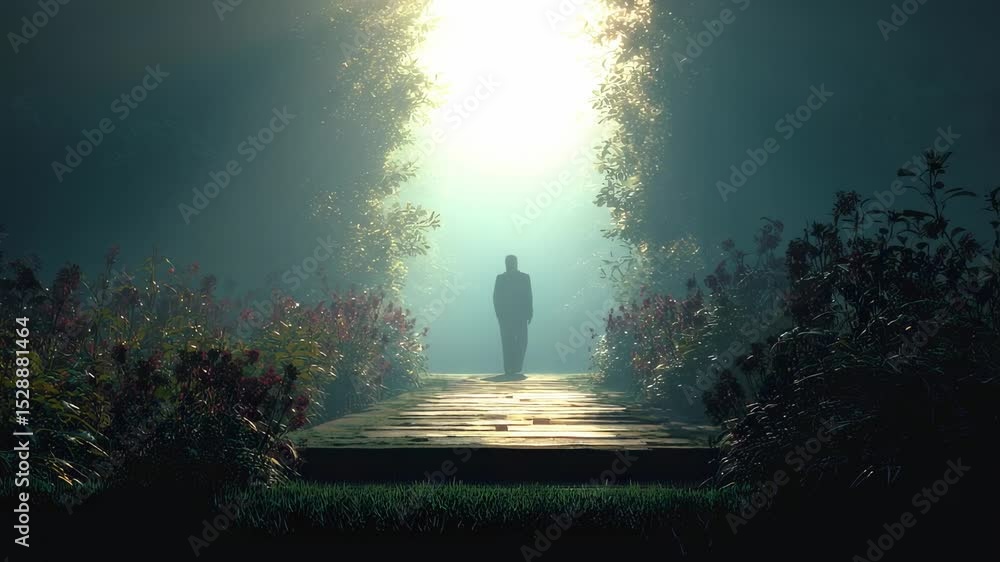 Poster concept photo of a person walking towards a bright and ethereal light at the edge of the garden, rep