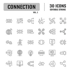 Connection icon set. Containing network, join, collaboration, connectivity, interaction, cable, integration and connection icon. Vector illustration