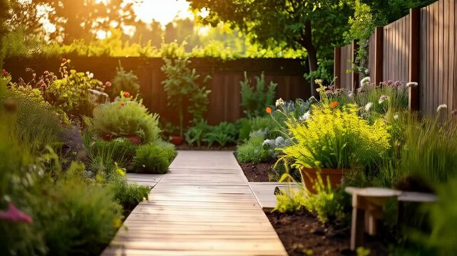 Idyllic sunny garden scene with flowerbeds, wooden walkway, plants, and fence in a home backyard during golden hour