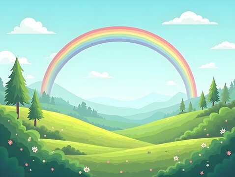 cartoon landscape with a rainbow and trees
