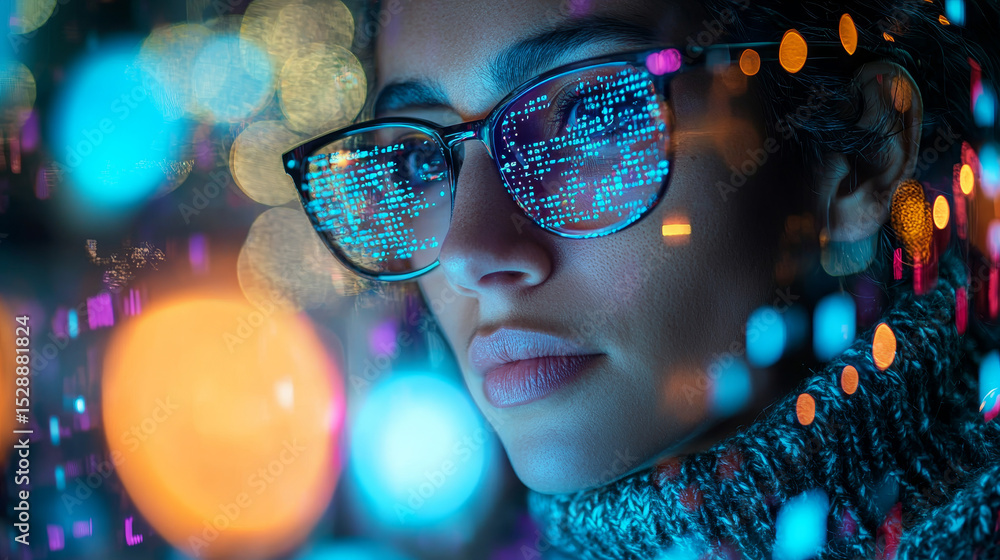Poster focused individual in glasses working on laptop amidst glowing digital code in high-tech setting