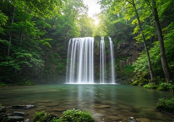 The Tranquil Waterfall in the Lush Green Forest Area