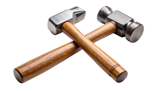 Crossed metal hammers with wooden handles