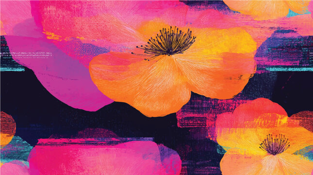 Impressionist pink orange black blue painted abstract vector flowers opaque and translucent overlapping neon colors hypnagogic maximalism flat shading simplified painting background pattern backdrop 
