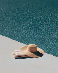 Straw hat and towel by the poolside on a sunny summer day