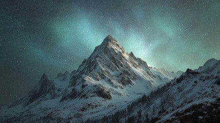 Celestial Peak: A majestic mountain peak rises into a starlit sky, the pristine snow-covered slopes reflecting the ethereal glow of the aurora borealis, painting a scene of untouched wilderness.