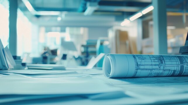 A blueprint document with architectural drawings on a table in a modern office setting.