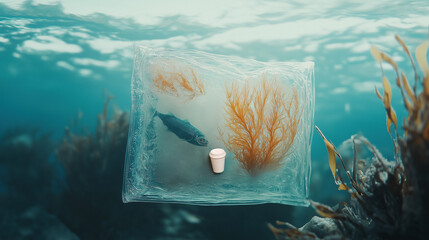 A transparent wallet woven from watery, seaweed-like fibers hovers underwater, containing a lone fish, golden kelp fronds, and a tiny white coffee cup - Generative AI