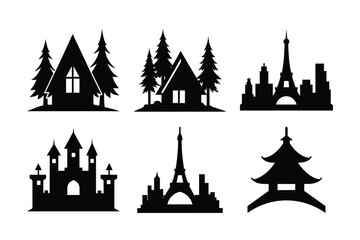 Obraz premium Black vector silhouette of a city skyline with architectural landmarks like a church, tower, and castle, perfect for illustrating urban travel in Europe