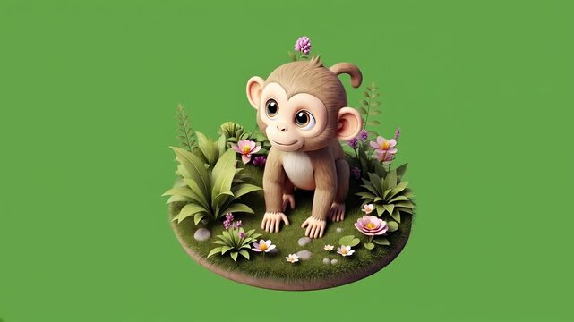 A cute cartoon monkey sits amidst lush greenery and colorful flowers, smiling.