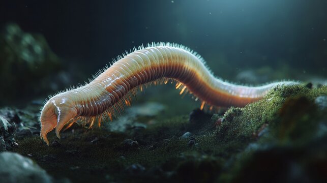 A detailed image showcases a segmented worm on a mossy surface