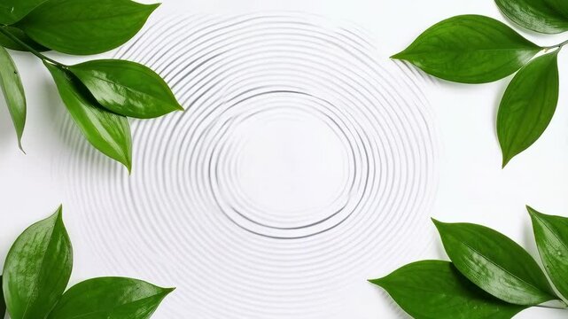 Green leaves border circular ripples effect on a white background, nature inspired design with organic plant accents and round wave pattern, spa relaxation.