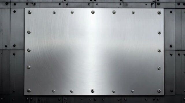 Metallic wall with shiny brushed steel panel affixed using bolts, dark industrial background with metal textures.