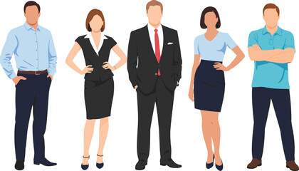 Obraz premium Business people vector illustration, corporate team characters in formal and casual attire, professional office employee group, isolated workplace design set
