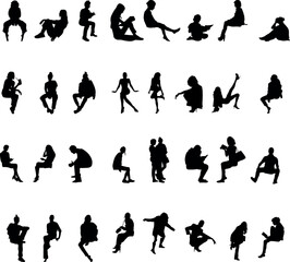 Black vector silhouettes of diverse individuals sitting and using digital devices. Ideal for concepts like online work, virtual meetings, distance education, tech lifestyle, and mobile productivity.