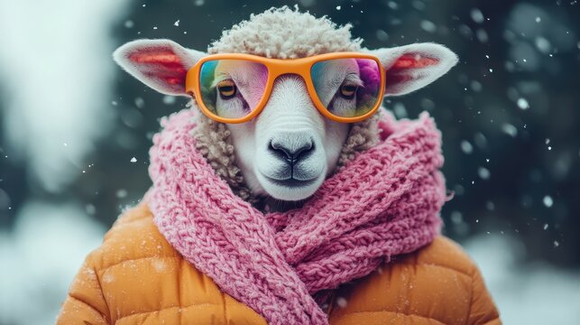 This playful image portrays a sheep wearing oversized sunglasses and a scarf, embodying whimsy and humor in a delightful take on fashion and personality in animals.