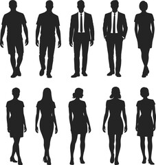 Silhouette collection of walking men and women, casual and business attire, professional human figures, people pose set, vector isolated design