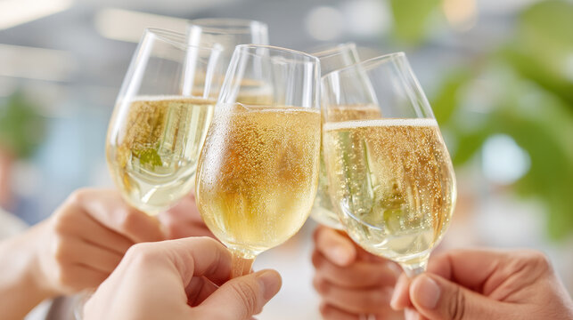 Happy group of people toasting with sparkling wine glasses to celebrate work anniversary in bright and cheerful setting with bubbles rising in glasses